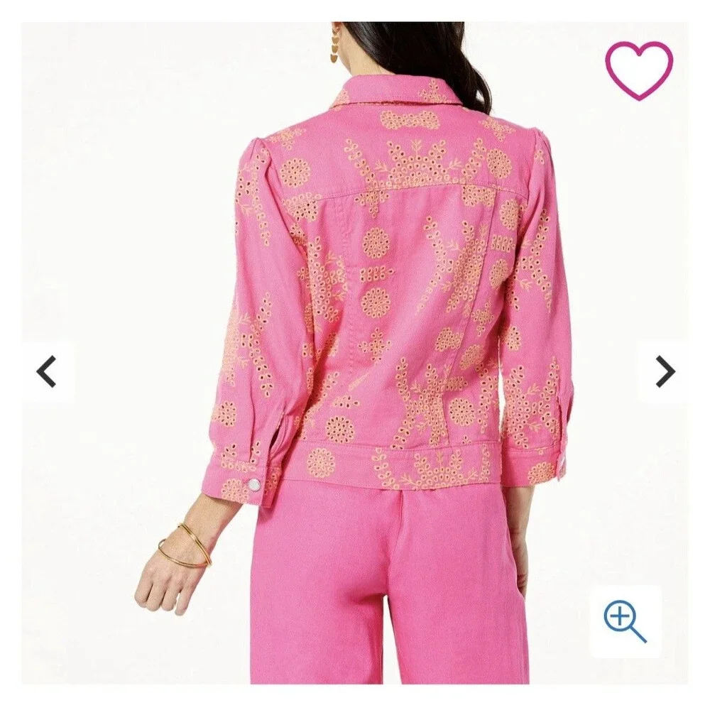 G by Giuliana Women's Black Label Puff-Sleeve Eyelet Jean Jacket Magenta Size 1X